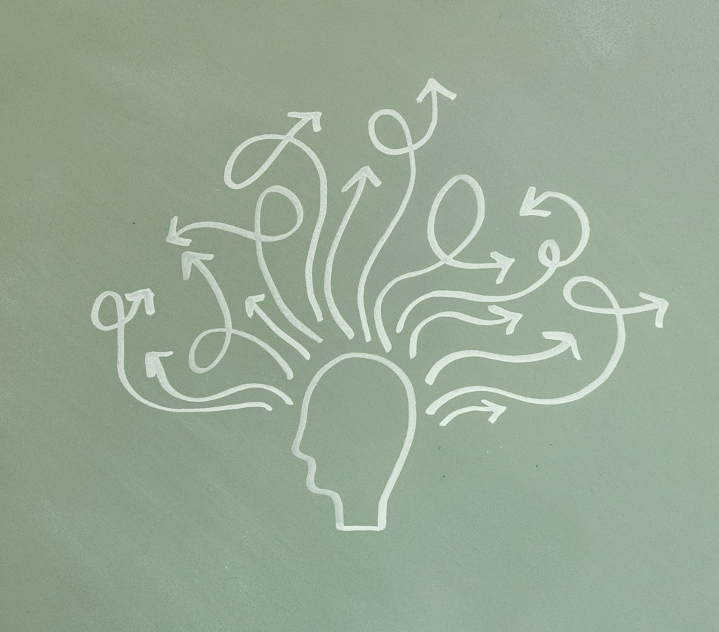 Drawn human head with arrows explaining how to break the cycles of negative thoughts