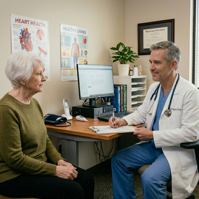 Elderly female patient consulting with a doctor