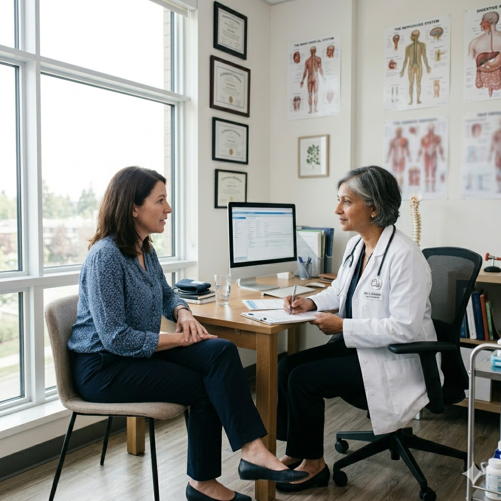 Elderly female doctor consulting with a middle age woman in an office