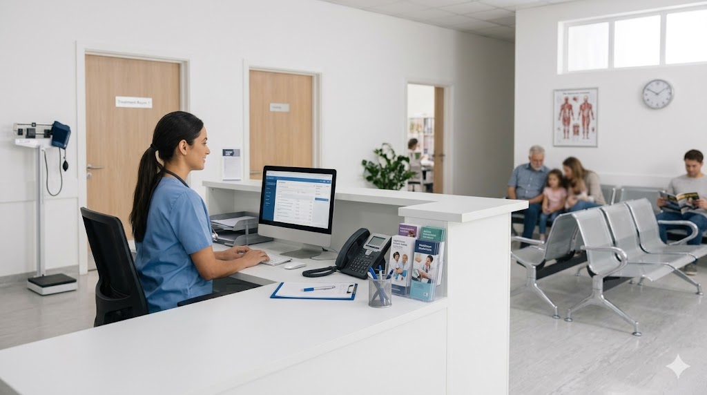 Clinic reception showing receptionist working with a computer with people waiting in the background