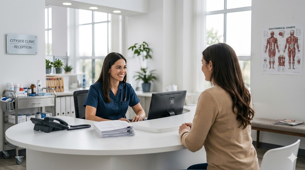Clinic reception showing receptionist talking to a patient