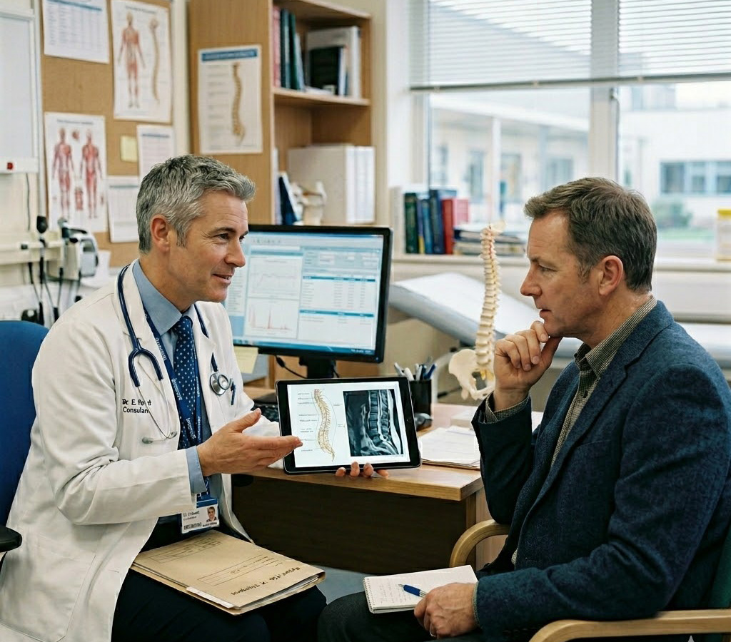 Specialist medical consultant with a tablet computer explaining to a patient