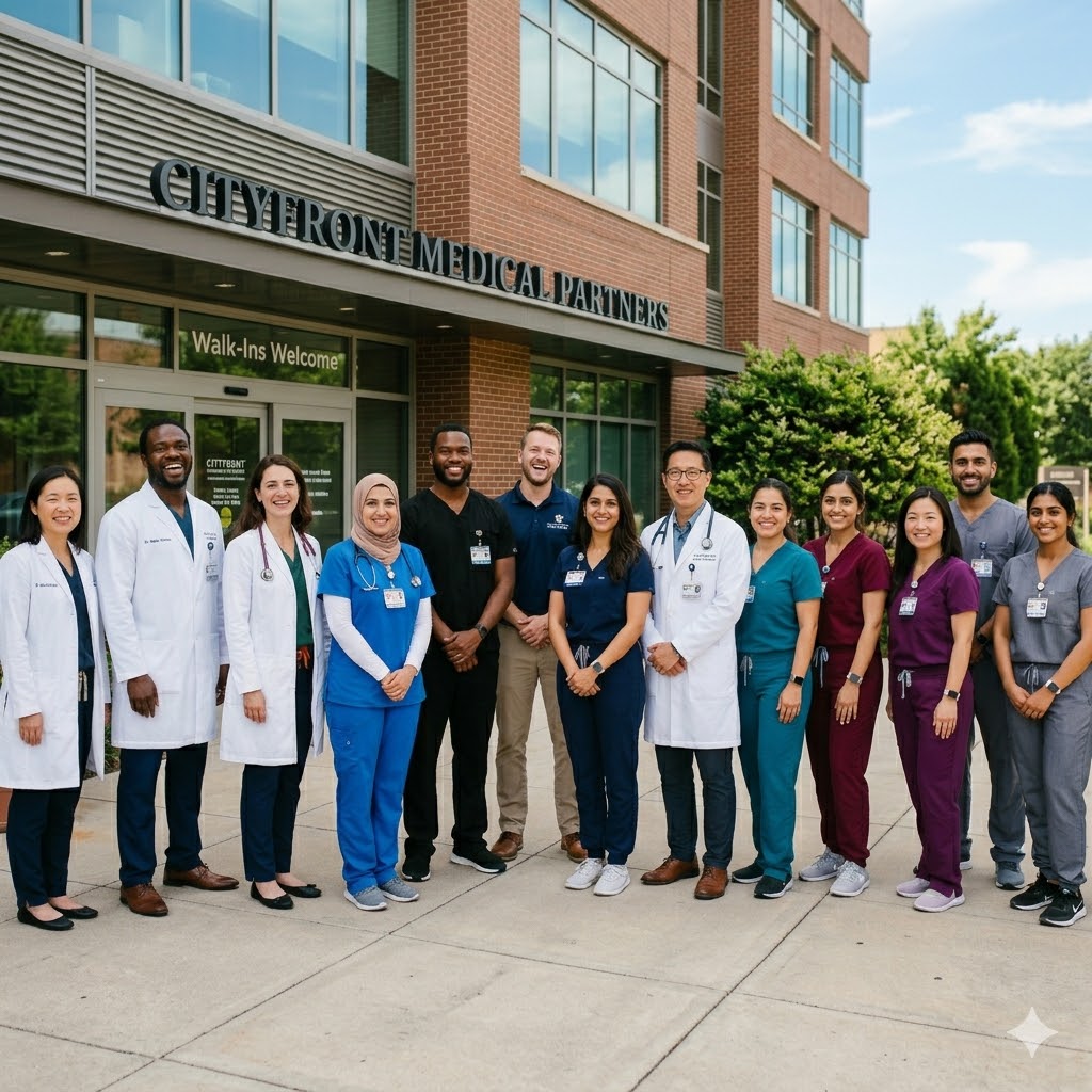 A team of diverse healthcare professionals and their staff posing for photo