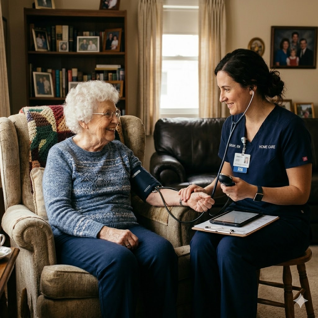 Home care medical service showing elderly woman and a nurse