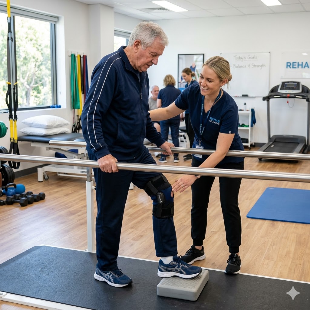 Rehabilitation and recovery center showing elderly male patient and female healthcare worker